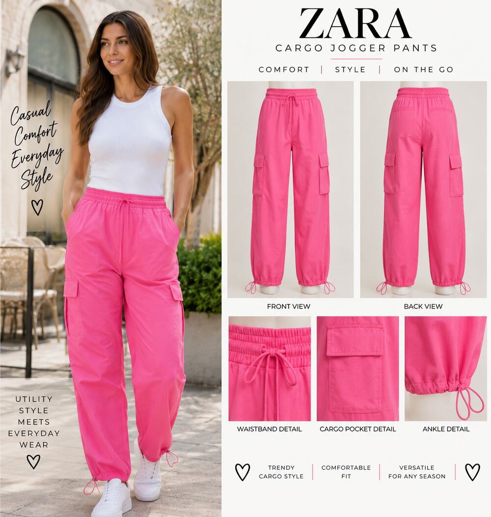 Zara Womens Pink Cargo Jogger Pants Small Utility Drawstring Parachute NWOT